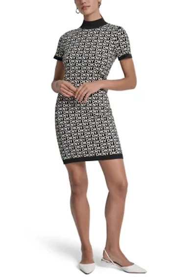 Women's Logo Jacquard Short Sleeve Mock Neck Mini Dress