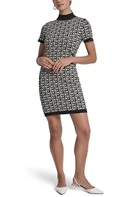 Women's Logo Jacquard Short Sleeve Mock Neck Mini Dress