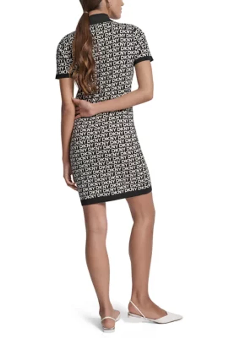 Women's Logo Jacquard Short Sleeve Mock Neck Mini Dress