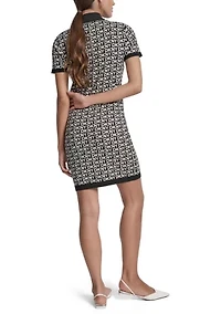 Women's Logo Jacquard Short Sleeve Mock Neck Mini Dress