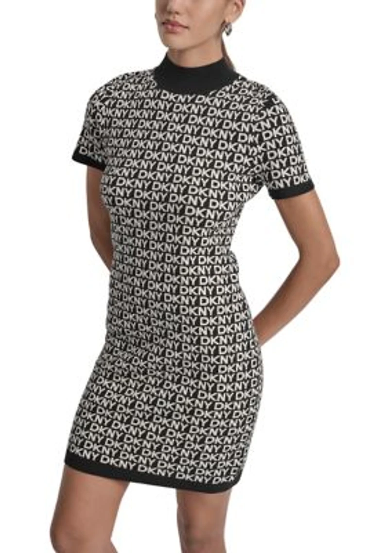 Women's Logo Jacquard Short Sleeve Mock Neck Mini Dress