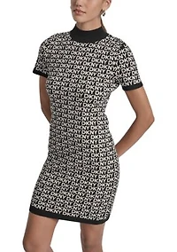 Women's Logo Jacquard Short Sleeve Mock Neck Mini Dress
