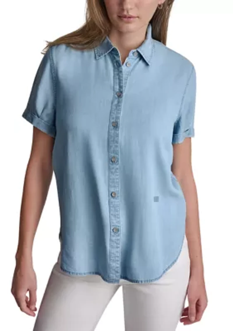 Women's Garment Dye and Print Rolled Short Sleeve Button Front Shirt