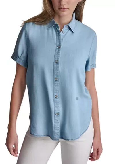 Women's Garment Dye and Print Rolled Short Sleeve Button Front Shirt
