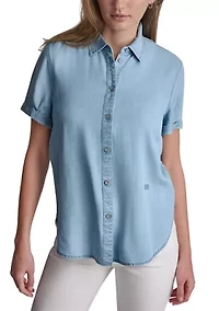 Women's Garment Dye and Print Rolled Short Sleeve Button Front Shirt