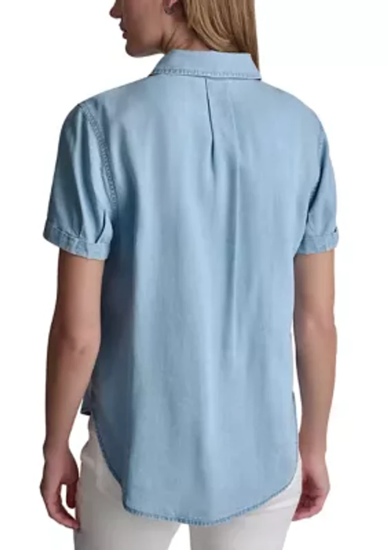 Women's Garment Dye and Print Rolled Short Sleeve Button Front Shirt