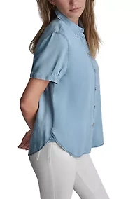 Women's Garment Dye and Print Rolled Short Sleeve Button Front Shirt