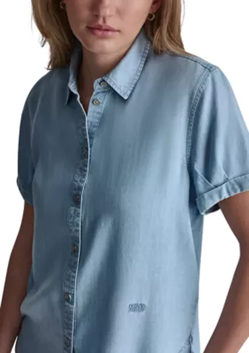 Women's Garment Dye and Print Rolled Short Sleeve Button Front Shirt