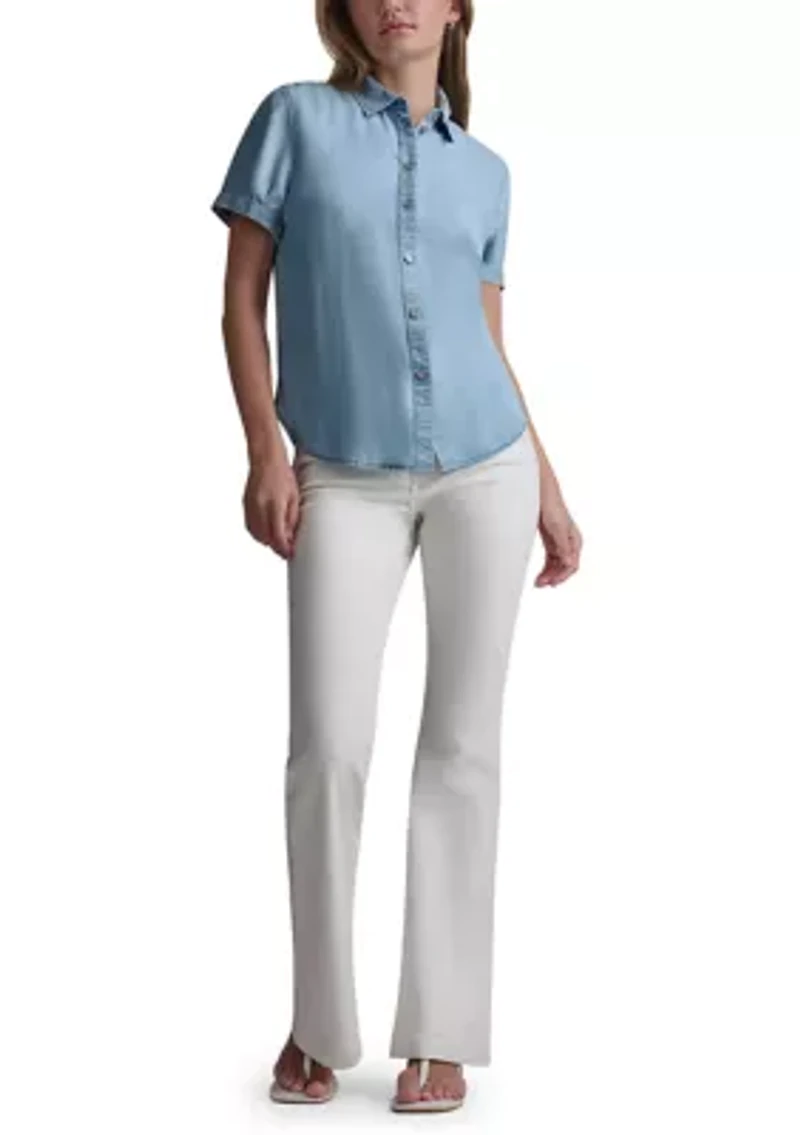 Women's Garment Dye and Print Rolled Short Sleeve Button Front Shirt