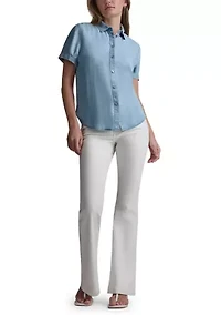 Women's Garment Dye and Print Rolled Short Sleeve Button Front Shirt