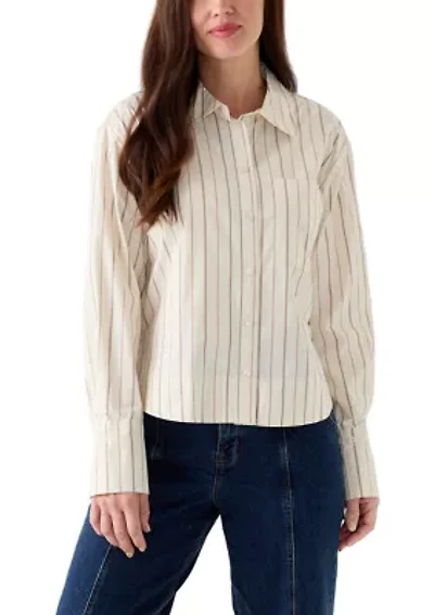 Women's Long Sleeve High Low Striped Cropped Shirt