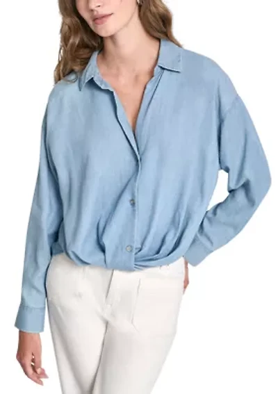 Women's Button Front Twist Hem Shirt