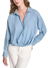 Women's Button Front Twist Hem Shirt