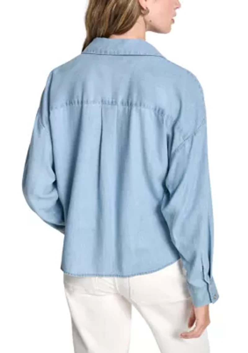 Women's Button Front Twist Hem Shirt