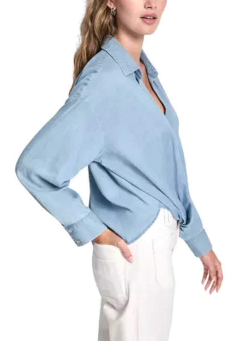 Women's Button Front Twist Hem Shirt