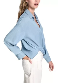 Women's Button Front Twist Hem Shirt