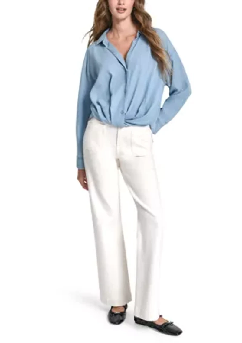 Women's Button Front Twist Hem Shirt