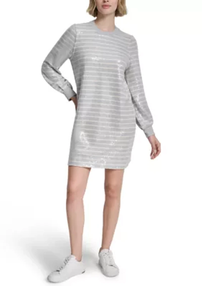 Women's Long Sleeve Crew Neck Sequin Striped Dress