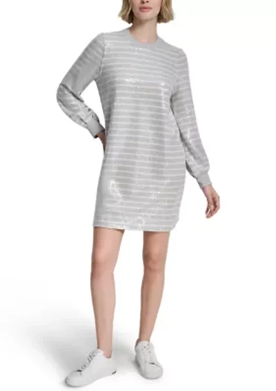 Women's Long Sleeve Crew Neck Sequin Striped Dress