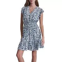 Flutter Sleeve Smocked Waist V-Neck Dress W/ Lace Insets