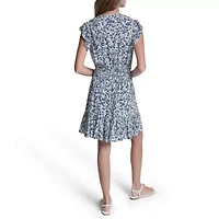 Flutter Sleeve Smocked Waist V-Neck Dress W/ Lace Insets