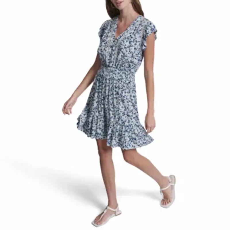 Flutter Sleeve Smocked Waist V-Neck Dress W/ Lace Insets