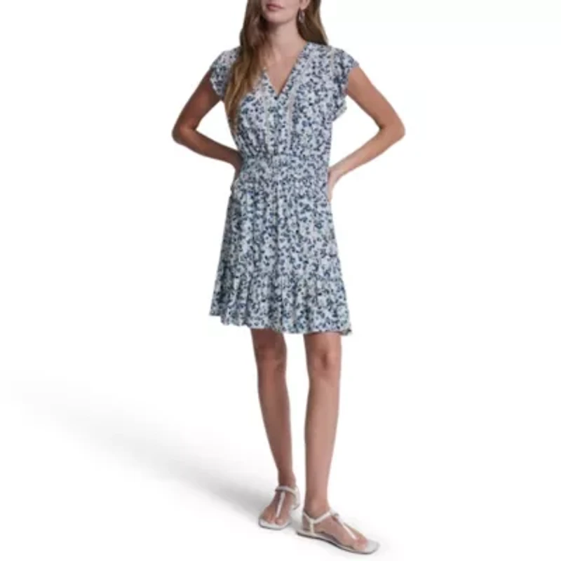 Flutter Sleeve Smocked Waist V-Neck Dress W/ Lace Insets