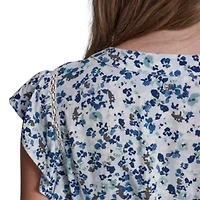 Flutter Sleeve Smocked Waist V-Neck Dress W/ Lace Insets