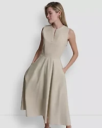 Sleeveless Poplin Midaxi Dress W/ Top Applied Pockets And Henley Neckline