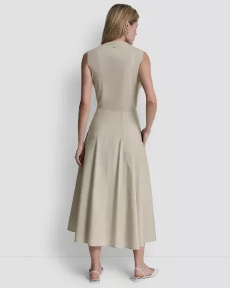 Sleeveless Poplin Midaxi Dress W/ Top Applied Pockets And Henley Neckline