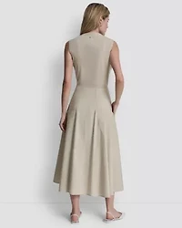 Sleeveless Poplin Midaxi Dress W/ Top Applied Pockets And Henley Neckline