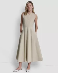 Sleeveless Poplin Midaxi Dress W/ Top Applied Pockets And Henley Neckline