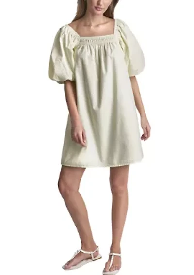 Women's Half Puff Sleeve Seersucker Dress with Square Neckline