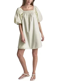 Women's Half Puff Sleeve Seersucker Dress with Square Neckline