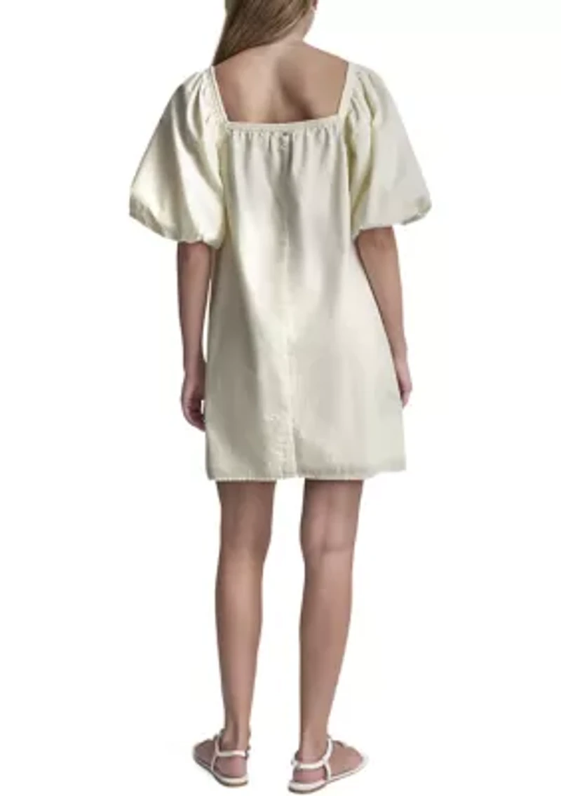 Women's Half Puff Sleeve Seersucker Dress with Square Neckline