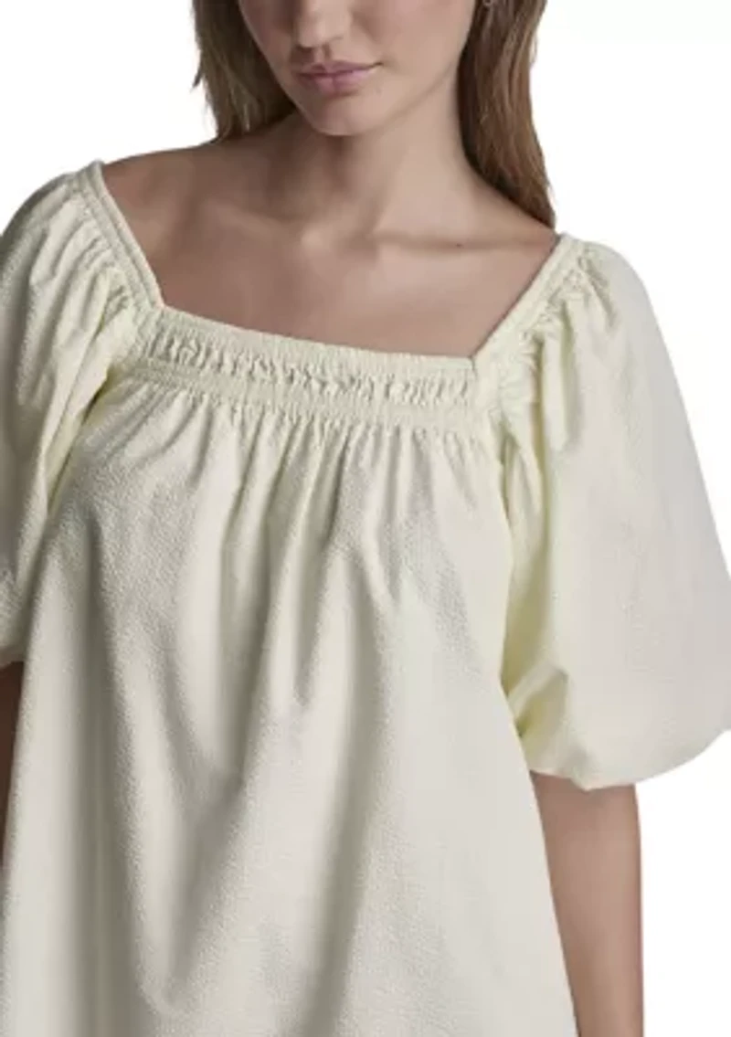 Women's Half Puff Sleeve Seersucker Dress with Square Neckline
