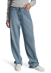 Women's Mid-Rise Flowy Relaxed Straight Leg Jeans with Drawcord Waistband