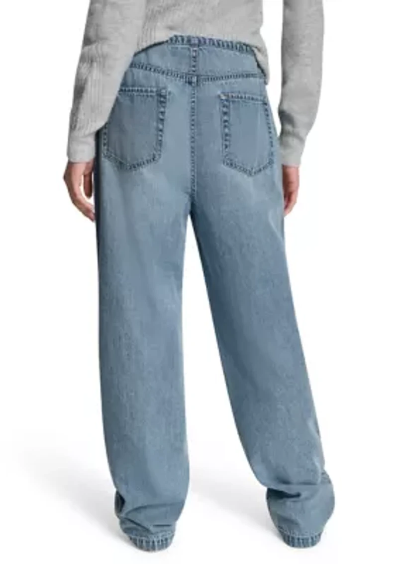 Women's Mid-Rise Flowy Relaxed Straight Leg Jeans with Drawcord Waistband