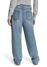 Women's Mid-Rise Flowy Relaxed Straight Leg Jeans with Drawcord Waistband