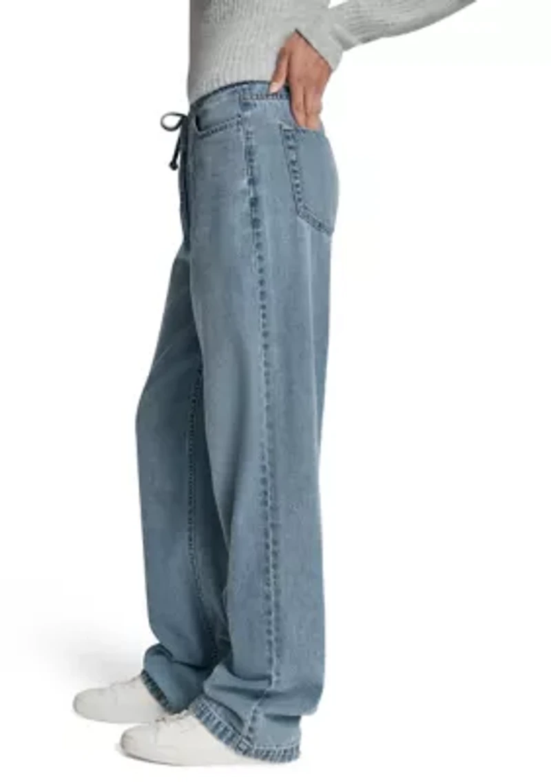 Women's Mid-Rise Flowy Relaxed Straight Leg Jeans with Drawcord Waistband