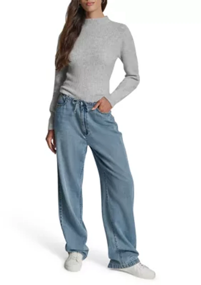 Women's Mid-Rise Flowy Relaxed Straight Leg Jeans with Drawcord Waistband
