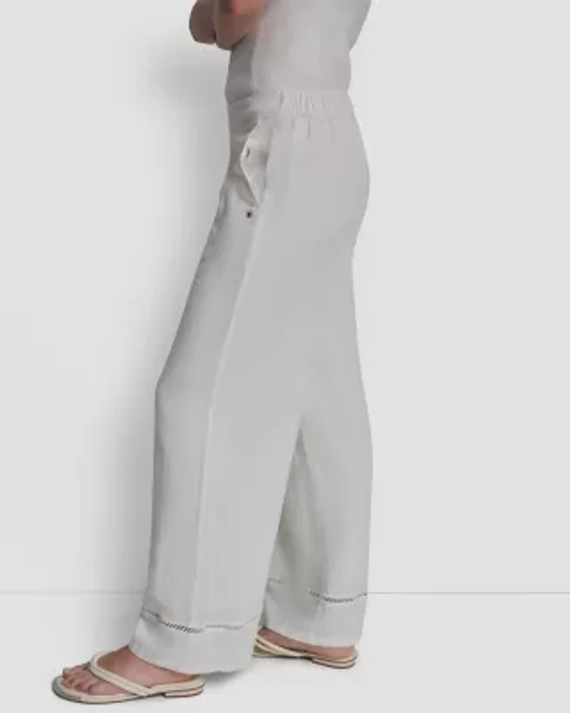 High Rise Pull On Wide Leg Ankle Pant W/ Lace Inset Hem