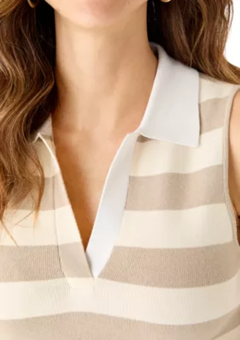 Women's Striped Sleeveless Polo Sweater