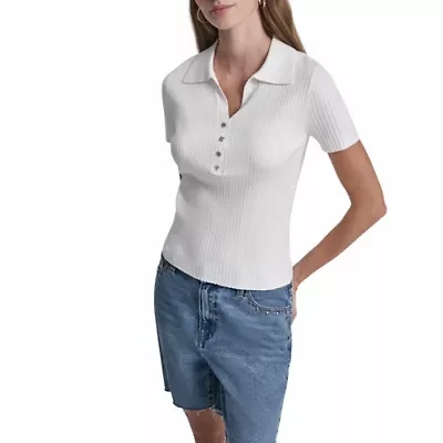 Short Sleeve Rib Polo W/ Logo Rhinestone Buttons