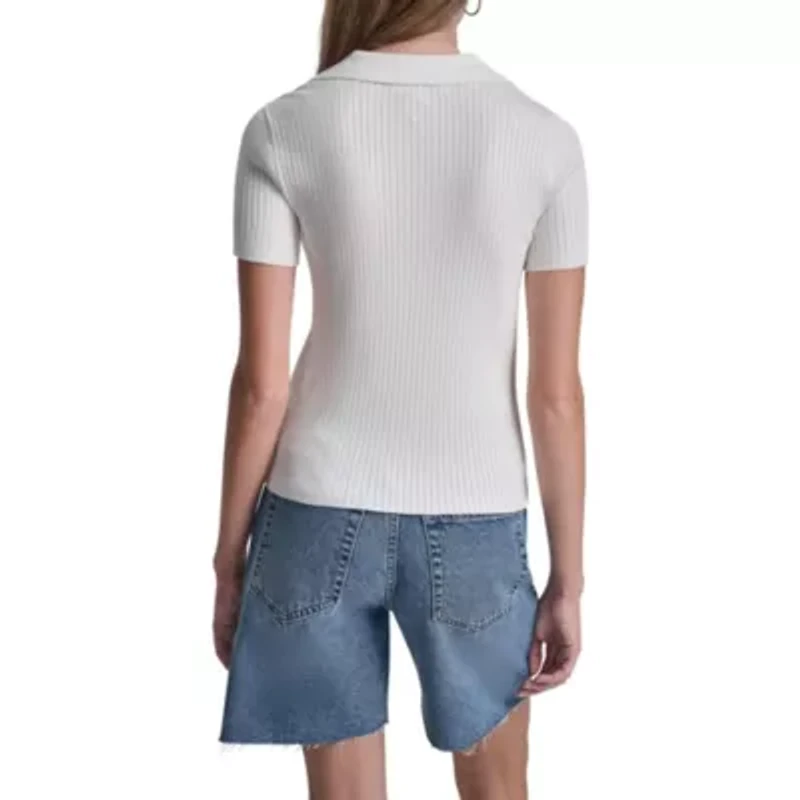 Short Sleeve Rib Polo W/ Logo Rhinestone Buttons