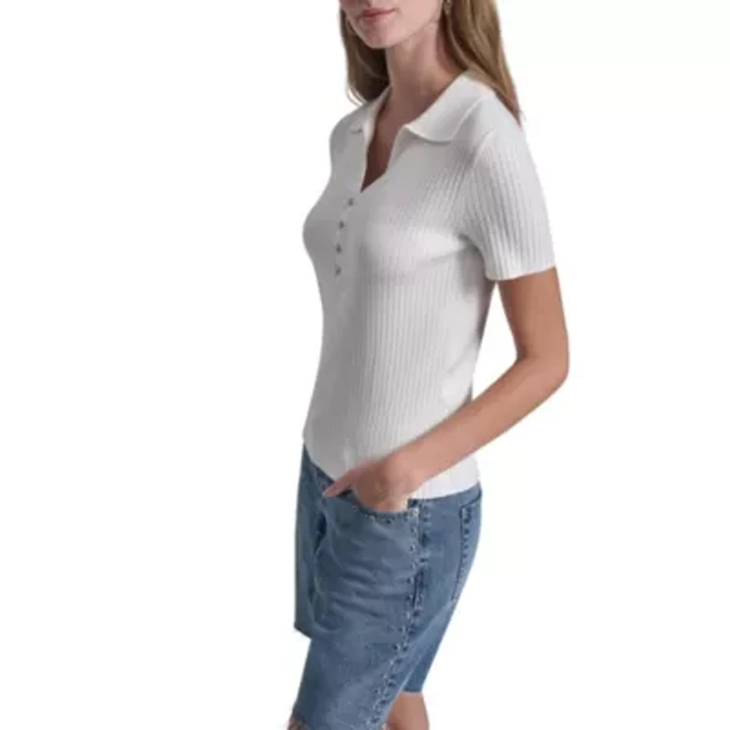 Short Sleeve Rib Polo W/ Logo Rhinestone Buttons