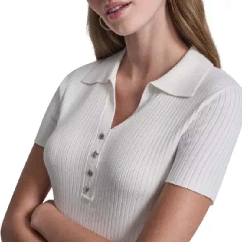 Short Sleeve Rib Polo W/ Logo Rhinestone Buttons