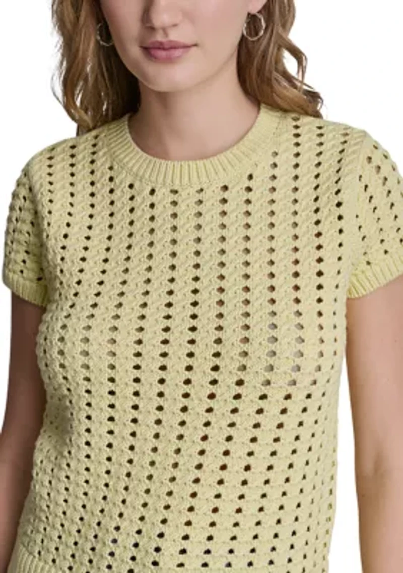 Women's Short Sleeve Airy Chunky Pointelle Sweater