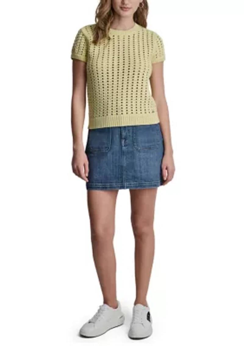 Women's Short Sleeve Airy Chunky Pointelle Sweater