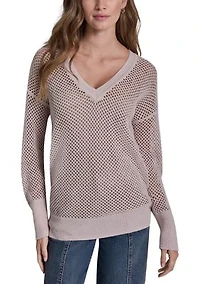 Women's Long Sleeve V-Neck Open Stitch Sweater